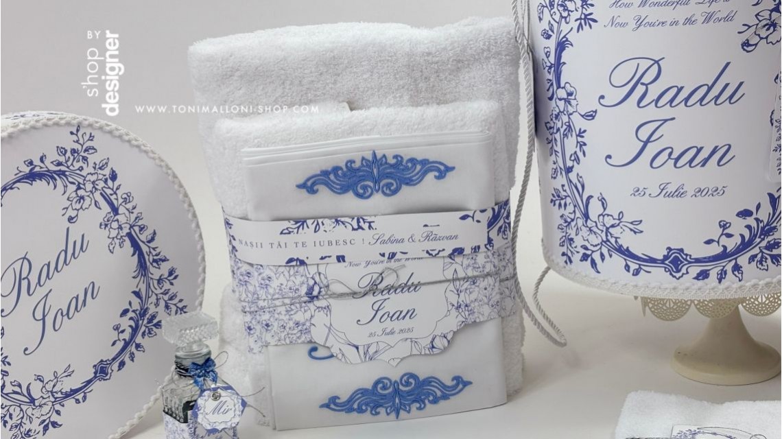 Trusou botez băiețel English Romantic Blue Personalizat cu broderie 15